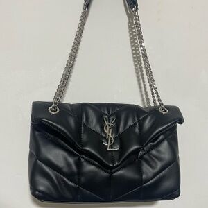 Yves Saint Laurent Black Quilted Chevron Shoulder Bag with Silver Chain
